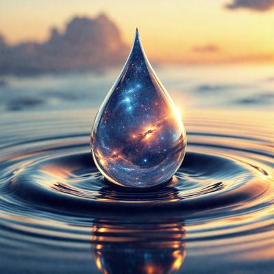 The primary subject of the image is a single drop of water, which is floating in a body of water. The setting is a serene environment, with the water appearing to be a lake or a large body of water. The visual style of the image is a combination of photo and digital art, creating a unique and captivating scene. The colors in the image are predominantly blue and orange, giving the scene a calming and warm atmosphere.